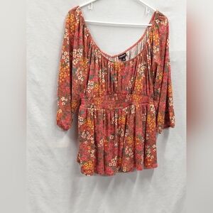 Torrid Orange Floral Scoop Neck 3/4 Sleeve Babydoll Top 2/2X